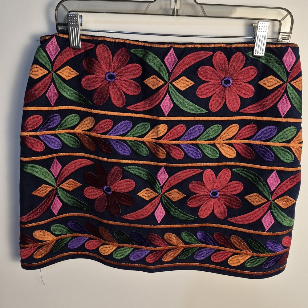 HOPE HORIZON Boho Mini Hippie Skirt Colorful Floral Embroidery Festival Folk